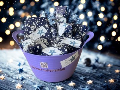 Bild Pflegekalender eingepackte Päckchen mit Zahlen drauf in einem Gummitrog, der das erste Törchen bildet